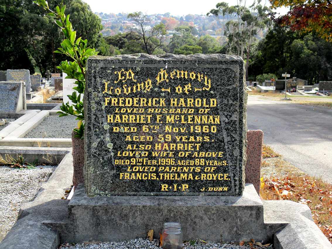 Photo of headstones/Frederick Harold McLennan d1960 hdstn Launceston Carr Villa Tas